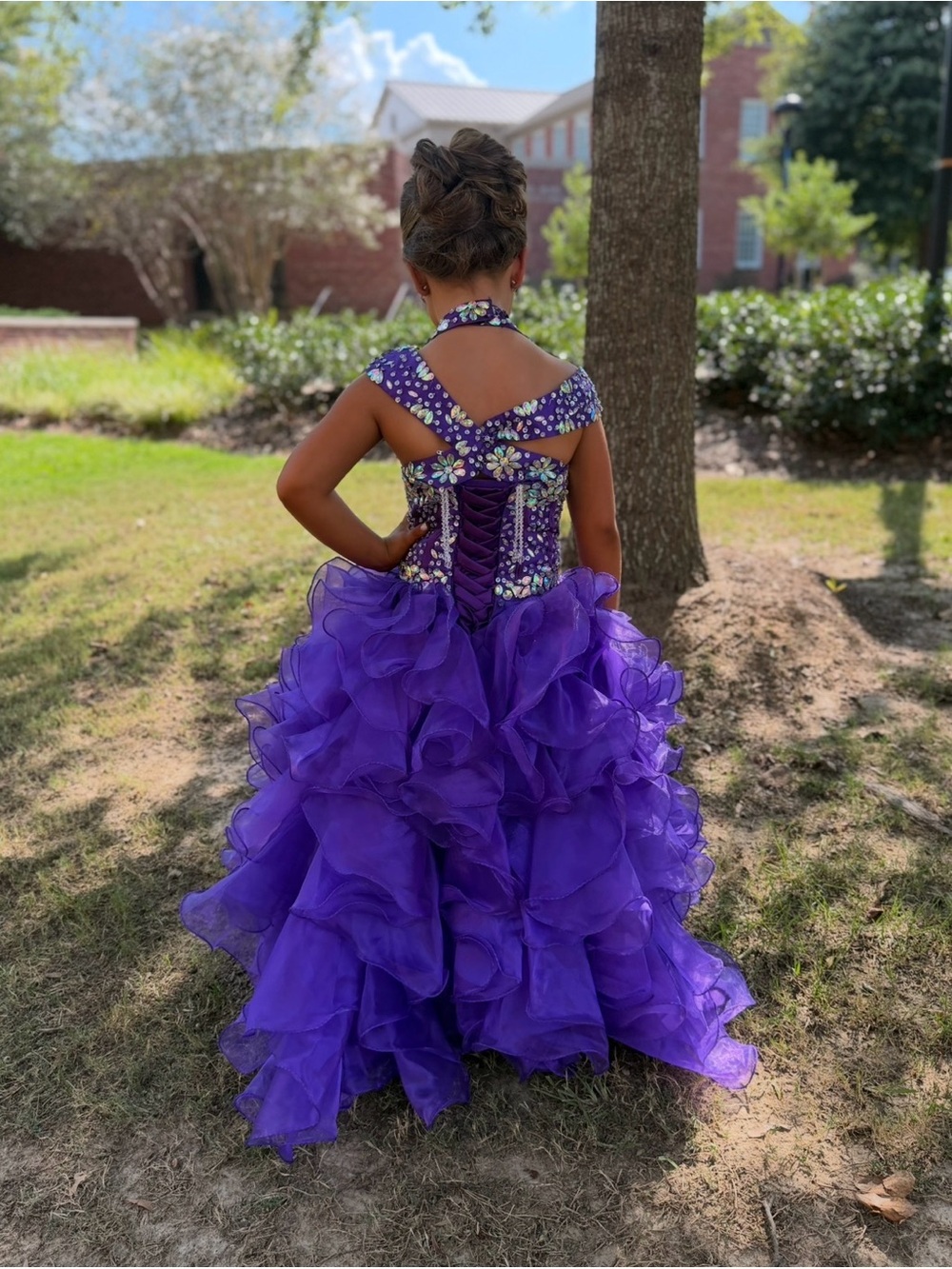 Purple Ruffled Halter Ball Gown Dress for Girls